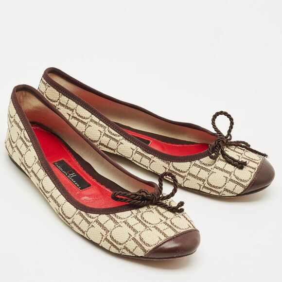 Ch Carolina Herrera Cream/brown Monogram Canvas Bow Ballet Flats Size 36 - Picture 4 of 7